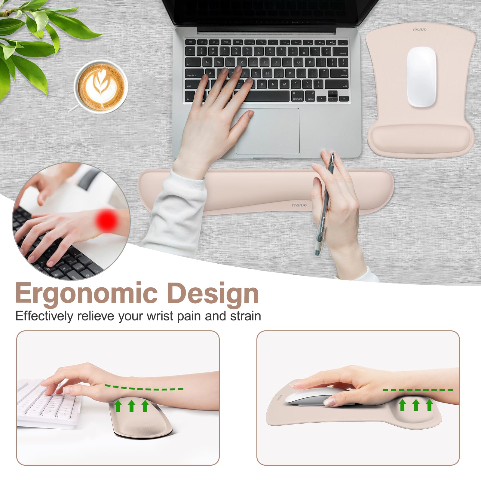 MOSISO Poggiapolsi Supporto per Mouse Tampone&Tastiera Set,Ergonomico Mousepad Antiscivolo Base Casa/Ufficio Pain Sollievo&Facile Typing Cuscino con Neoprene Tissue&Alzato Memoria Foam,Albicocca