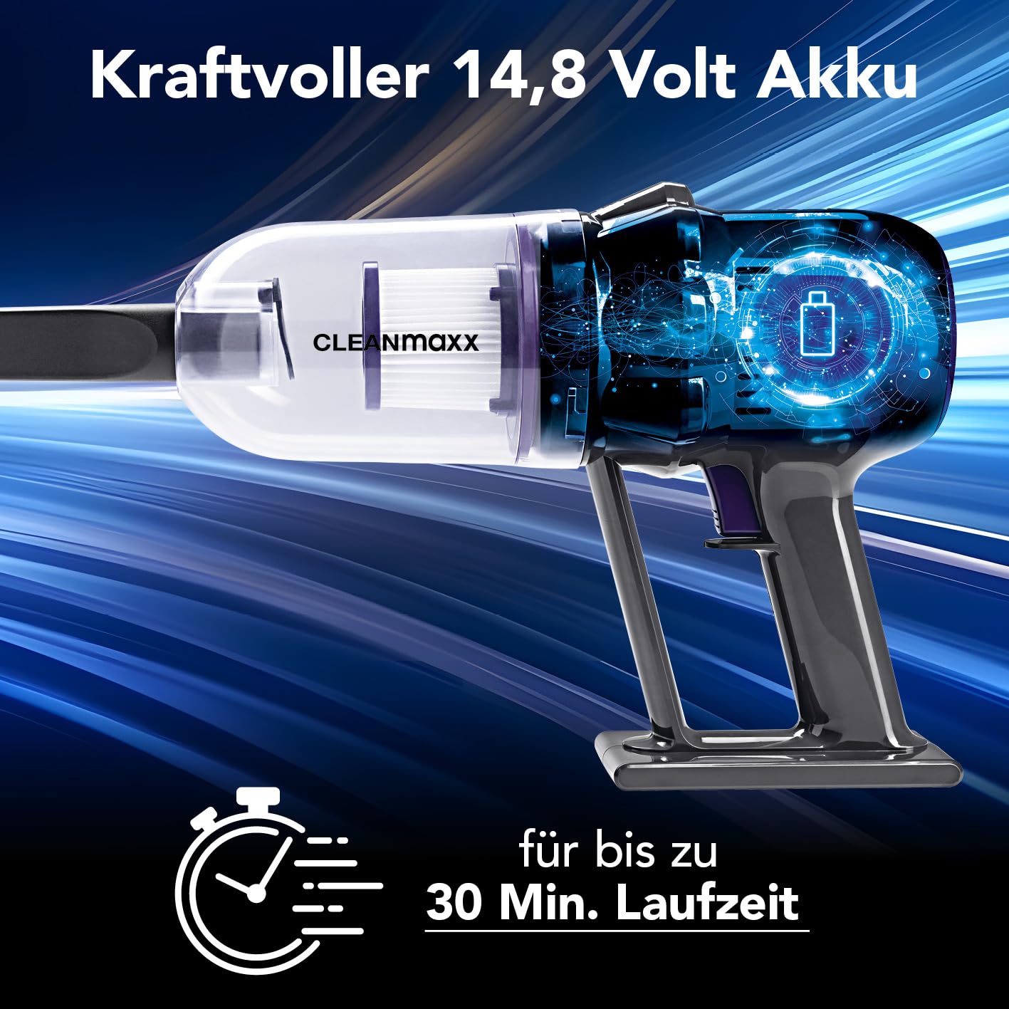 CLEANmaxx Akku Staubsauger | 2in1 Handstaubsauger & Bodenstaubsauger | max. 30 Min. Laufzeit | kabellos, leistungsstark, wiederaufladbar | mit Verlängerungsrohr (80 cm) & Düsen-Set