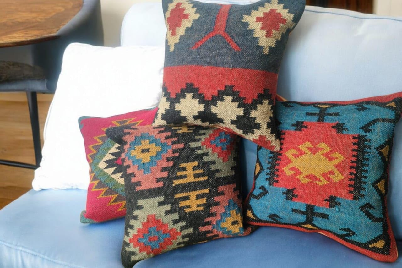 Handwoven Geometric Throw Pillow Covers, Aztec Pattern, Green and Beige, 18x18 Inches, Set of 4 (1, Color 10)
