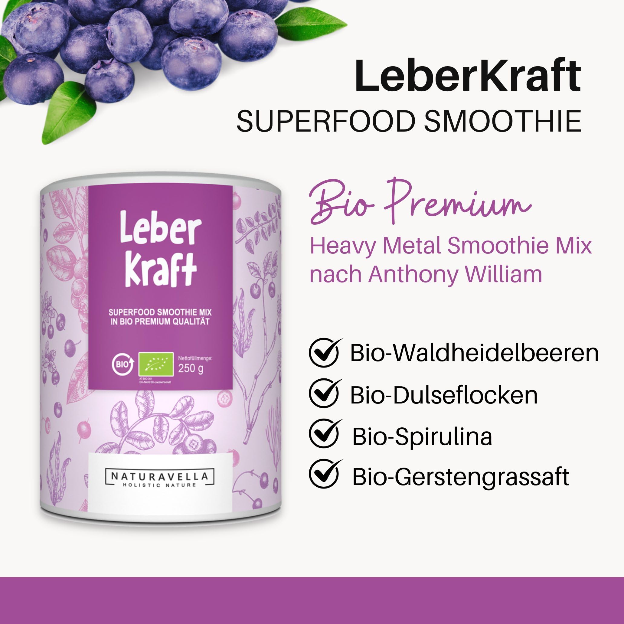 NATURAVELLA LeberKraft Bio Superfood Smoothie in Polvere (250g) per Heavy Metal Detox | Con Mirtilli Selvatici, Succo d'Orzo, Spirulina e Dulse | Ricetta di Anthony William | Vegano