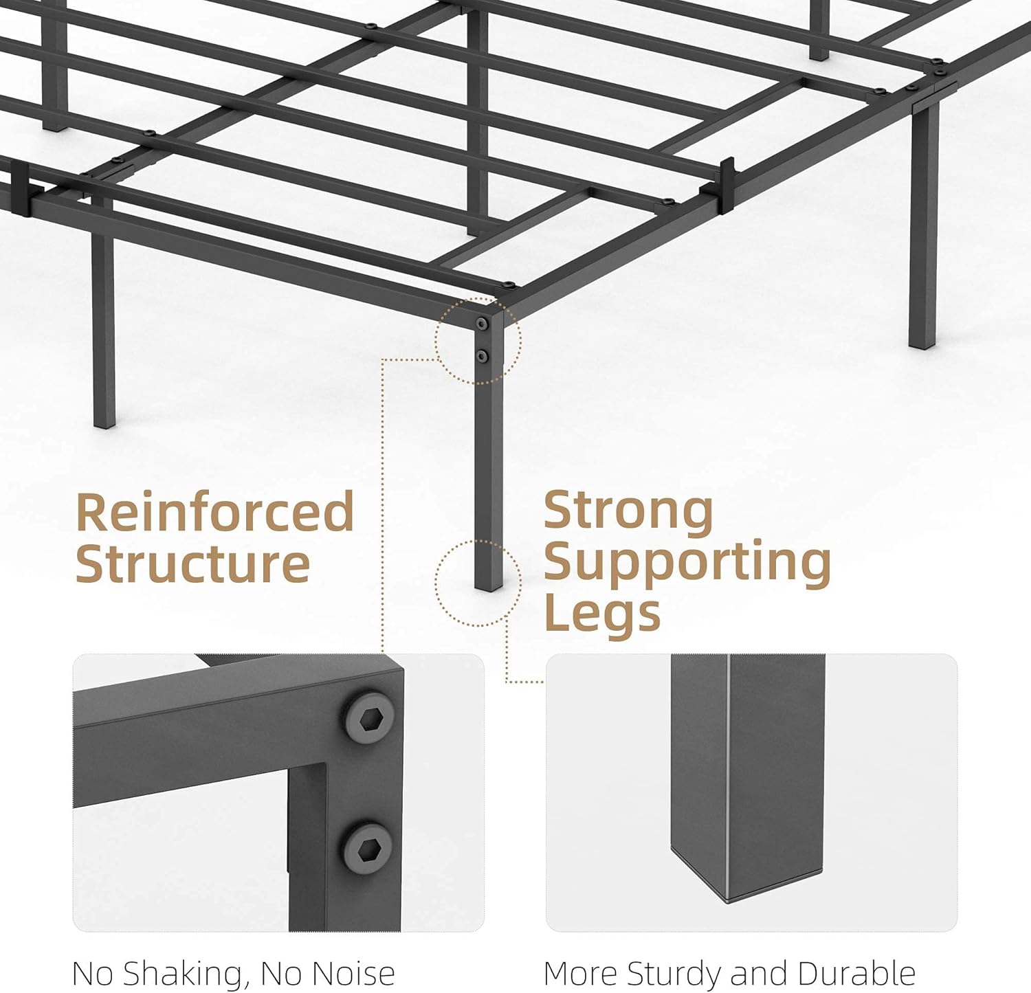 Close-up of the reinforced structure and strong supporting legs of the GAOMON bed frame.
