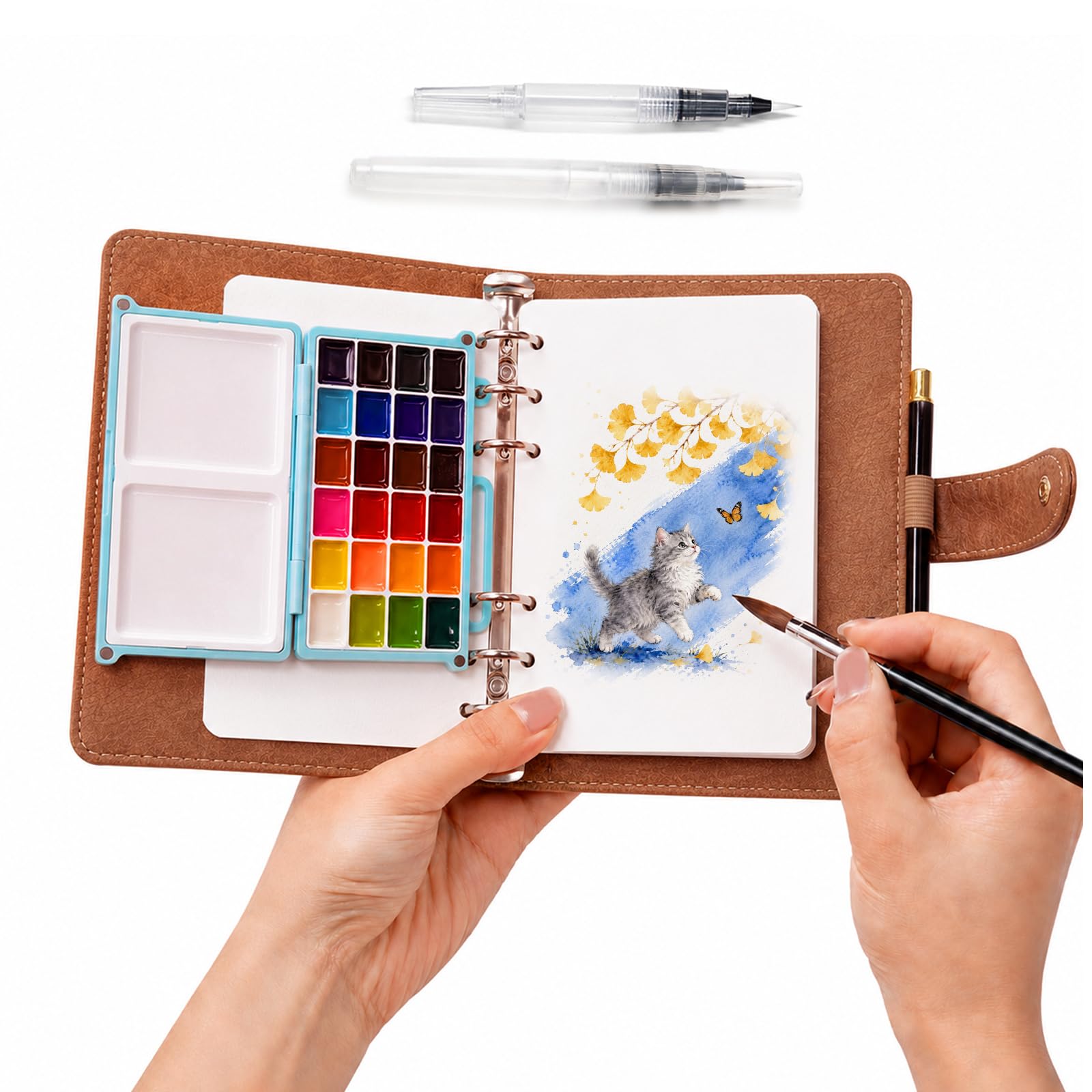 Set di pittura ad acquerello portatile da viaggio, 24 colori, scatola di pittura tascabile, 17,8 x 13 cm | 40 fogli di carta di cotone da 300 g/m² e 3 pennelli, album da disegno per artisti, pittura all'aperto e principianti