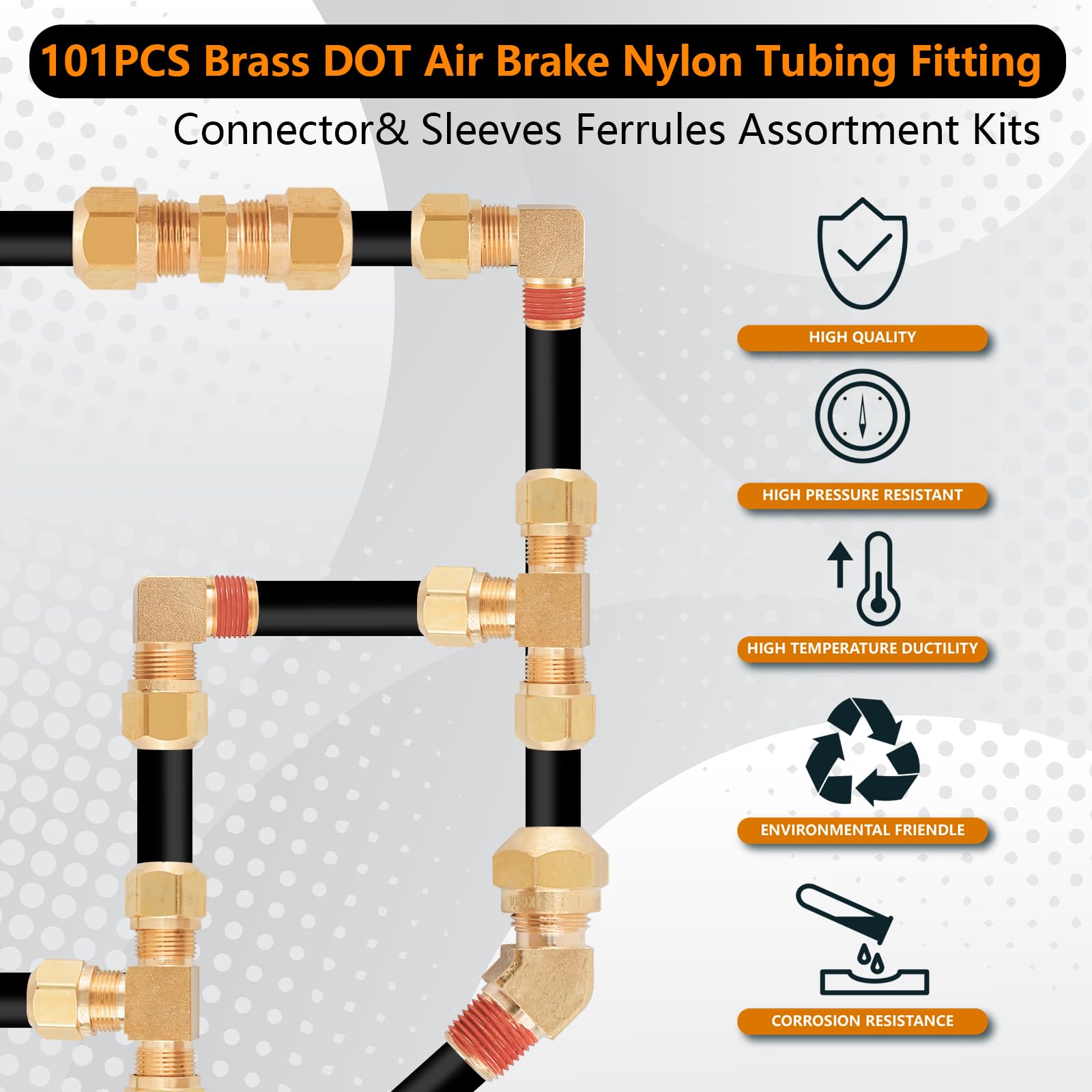 Assortimento di 101 raccordi in ottone DOT Air Brake Line - 1/4" 1/8" 3/8" 1/2" raccordi rapidi per tubi in nylon a compressione - Kit di riparazione per camion o sistemi industriali
