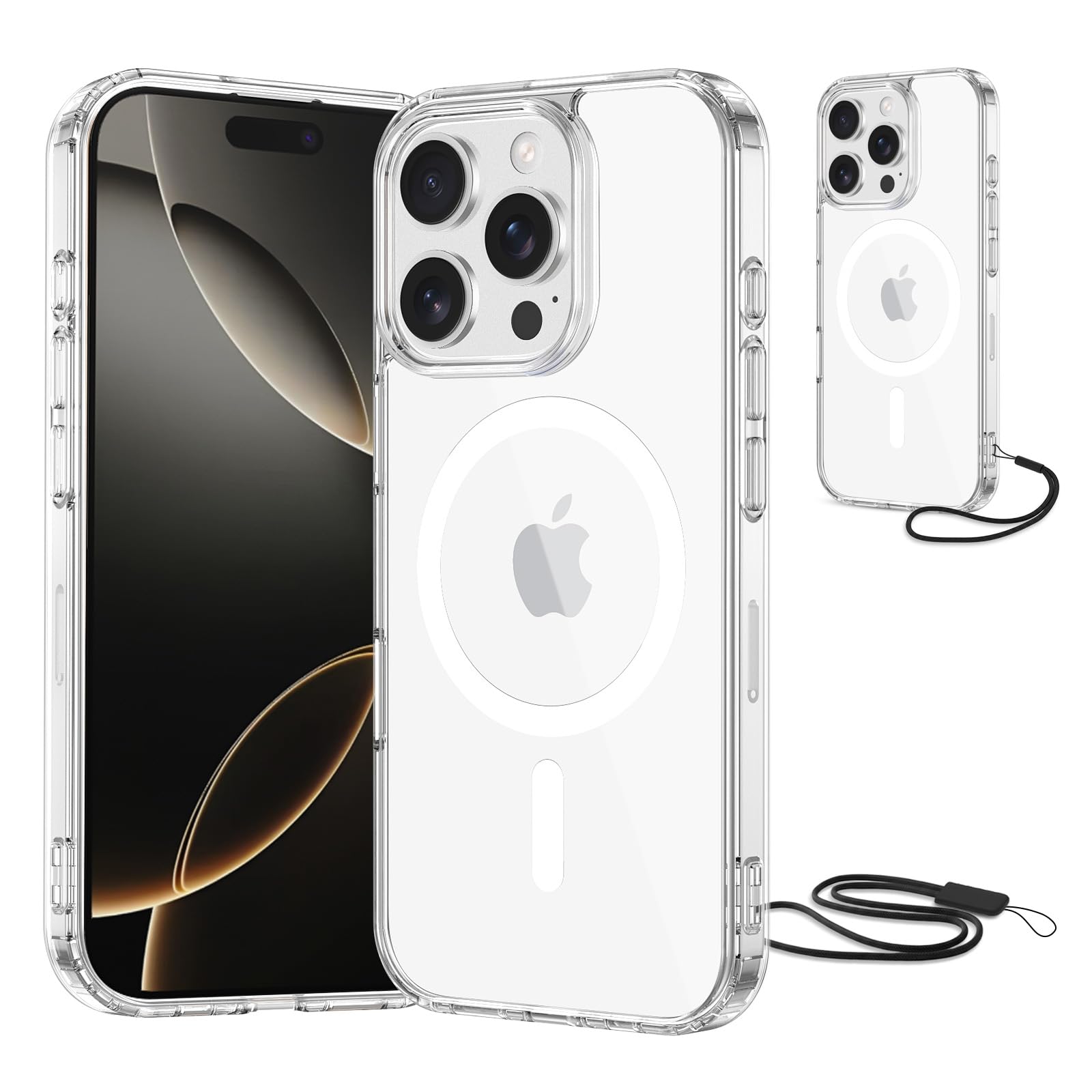 NEW'C Magnetisch Hülle für iPhone 16 Pro Max (6,9 Zoll) kompatibel mit MagSafe Ultimate, stoßfest-starker Magnetismus und militärischer Schutz-schlanke Hülle mit Umhängeband-Transparent