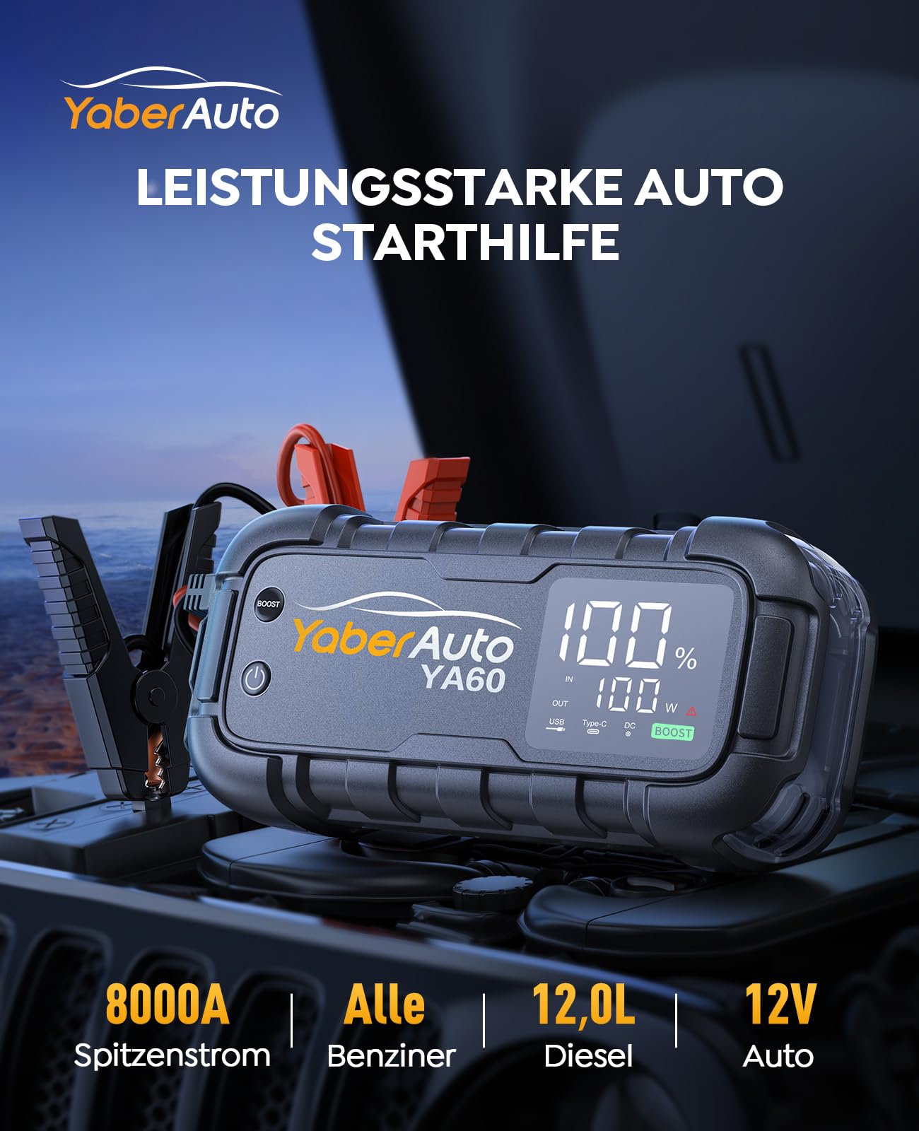 YaberAuto YA60 Power bank di avviamento per auto, con picchi di corrente da 6000 A, carica rapida da 45 W, schermo LCD da 3,3", torcia LED da 600 lumen