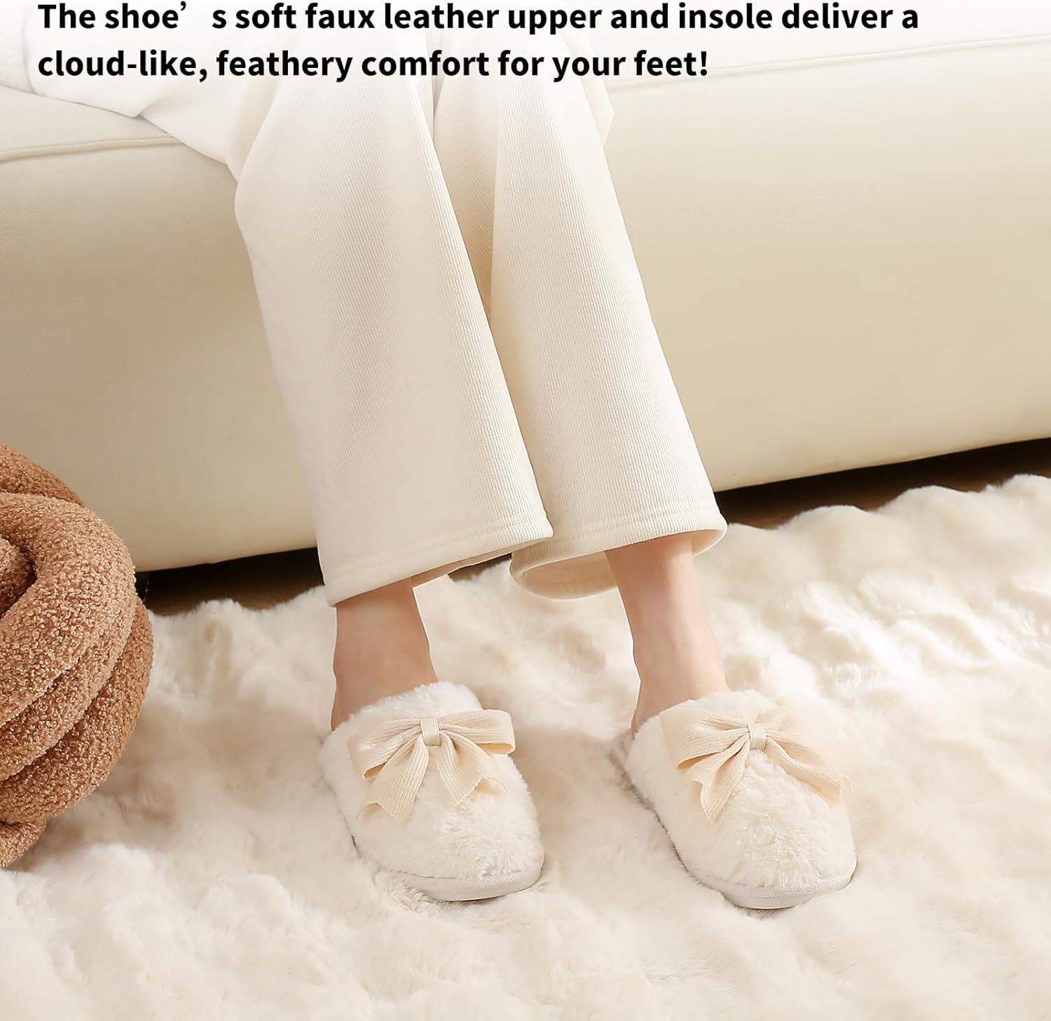 Women's Memory Foam Slippers, Cute Bow Design, Plush Faux Fur Indoor Outdoor House Shoes, Cozy Lightweight Footwear for Adults - Image 6