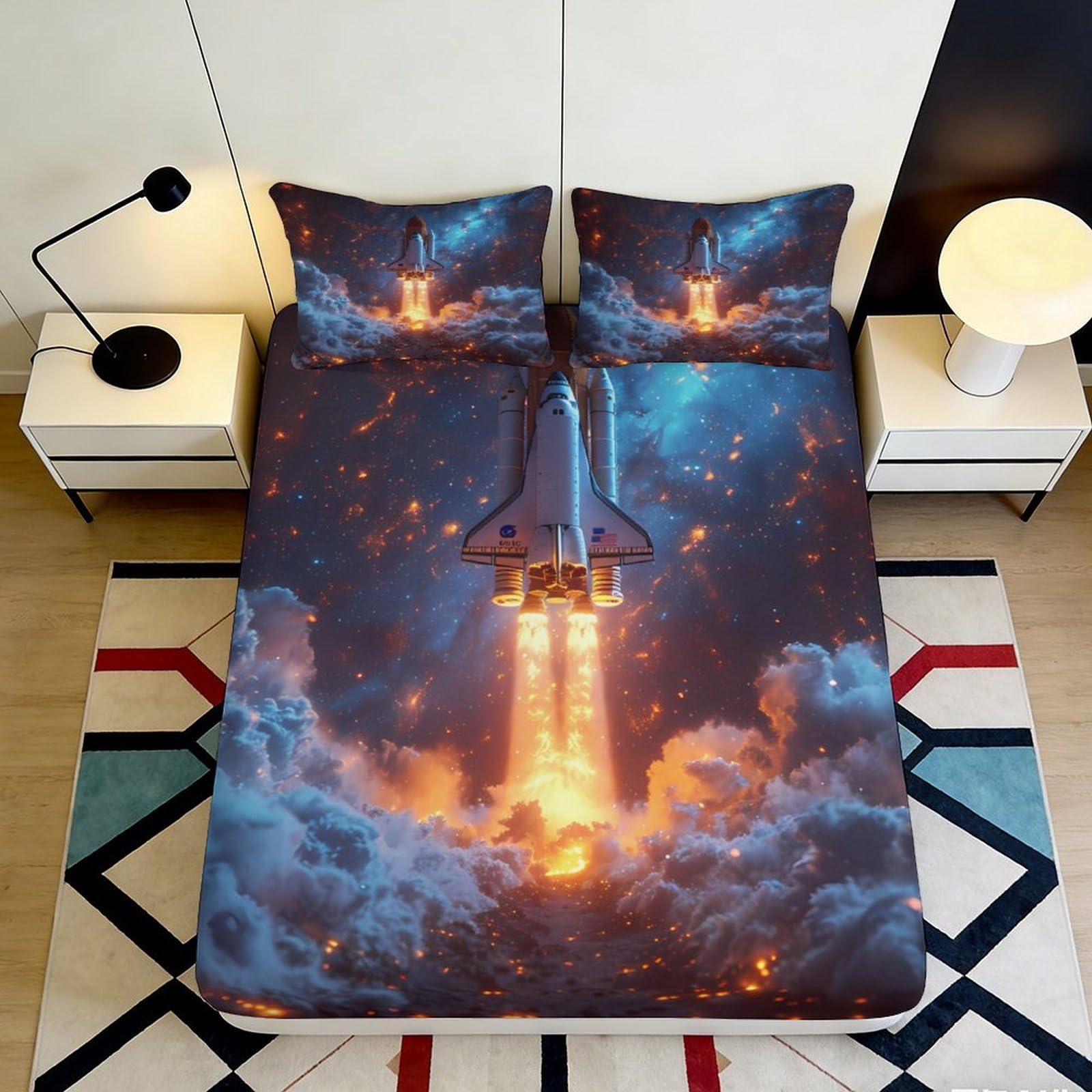 3D Printed Rocket Launch Fitted Sheet Microfiber Soft Bedroom Decor Space Night Mattress Cover 90x200x25cm
