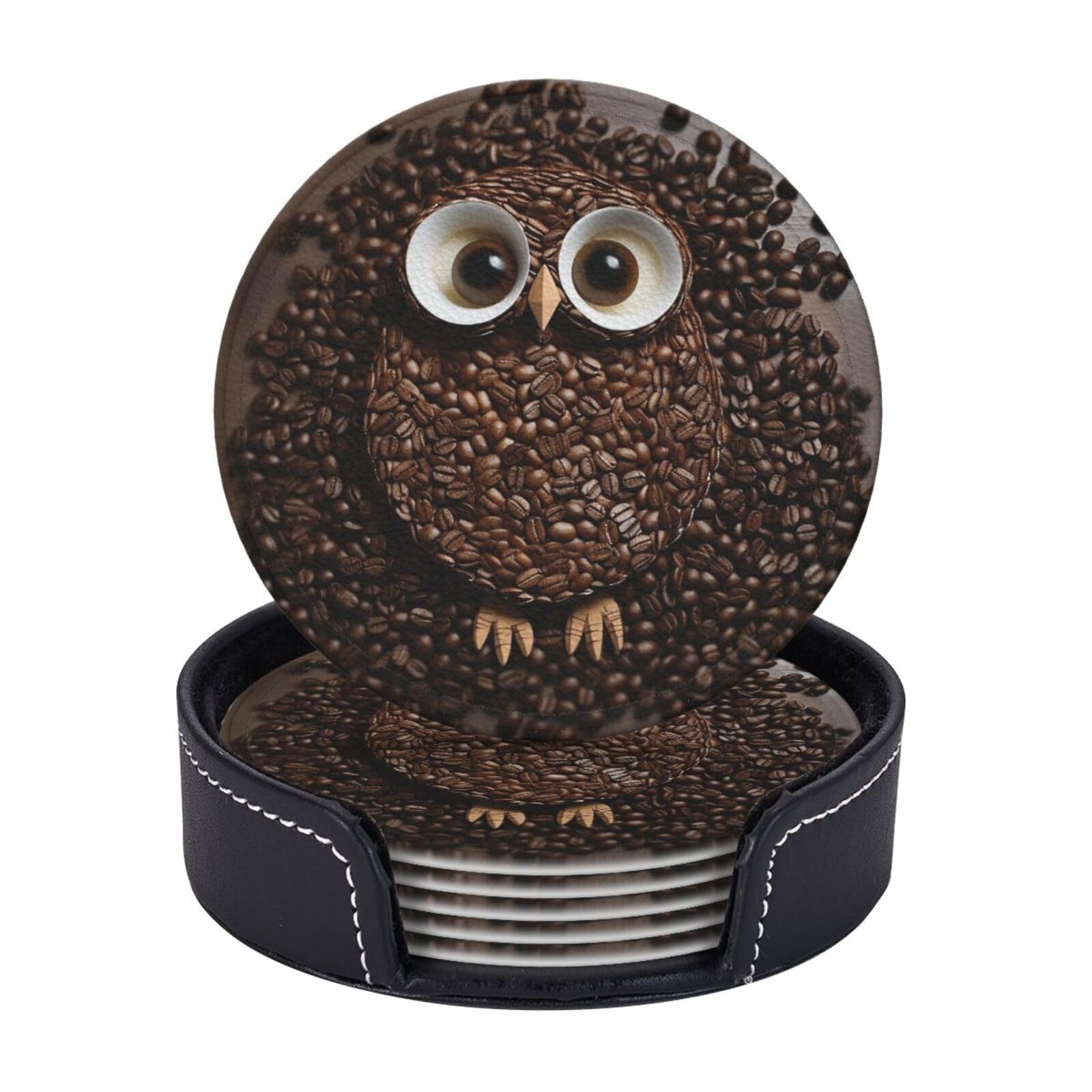 6Pcs PU Leather Coaster for Drinks, Coffee Bean owl Cup Coasters with Holder, Aesthetic Drink Coasters for Coffee Table, Round Coaster for Tabletop Protection 4" Cup Mat Pad