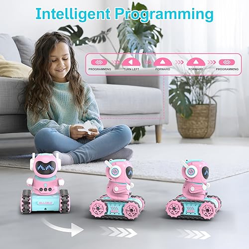 Miniatura 5 de ALLCELE Robot de juguete LED RC para niñas con Walkie Talkie, programación, música, demostración y función LED, juguete robot de control remoto,