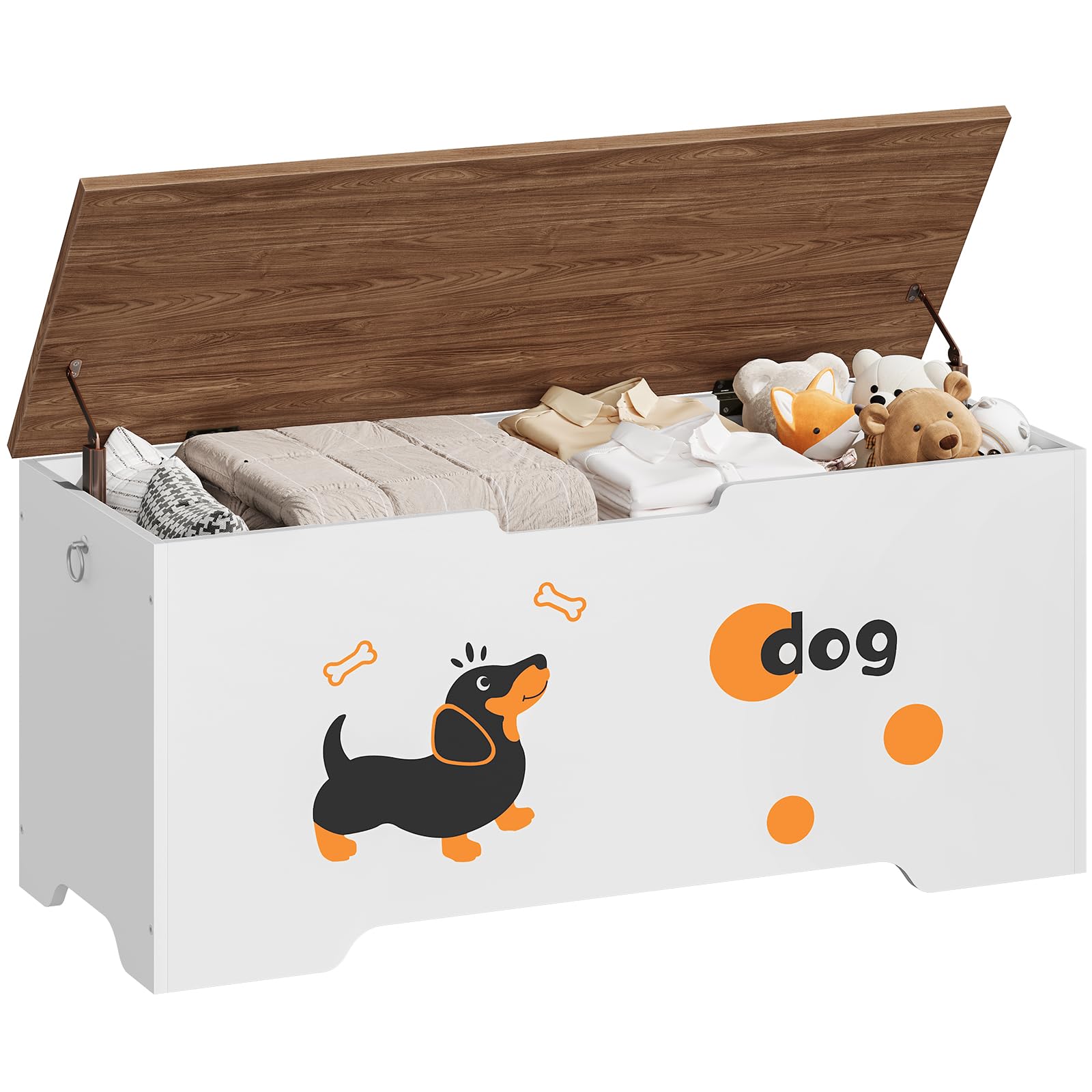 HOOBRO Cassapanca Bambini con Motivo Cane, Baule Giocattoli con 2 Maniglie Sicurezza, 110 x 40 x 49,4 cm, Panca Contenitore Stile Rustico Ingresso, Camera Letto, Soggiorno, Bianco e Noce EWH495CW01