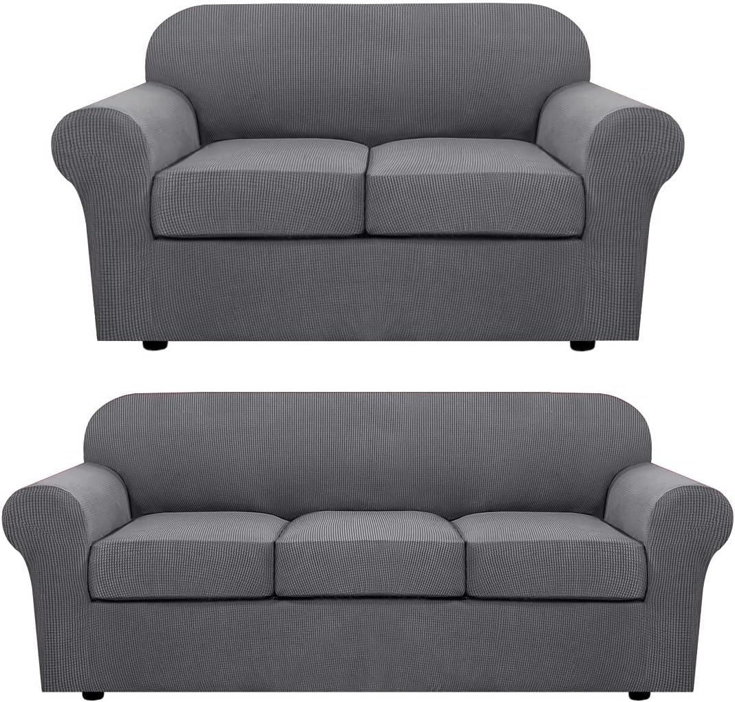 H.VERSAILTEX Stretch Sofa Covers for 3 Cushion Bundle 2 Cushion Loveseat Sofa Cover, Grey