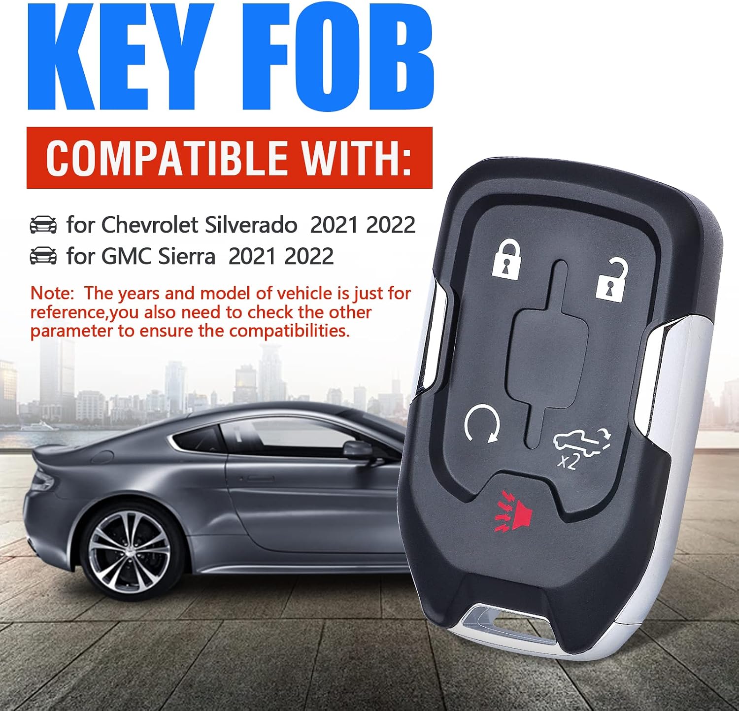 Keymall Keyless Entry Remote Key Fob Replacement for GMC Acadia 2021 2022 2023 /for GMC Terrain 2021 2022 2023 2024/for Chevy Chevrolet Silverado 5 Buttons HYQ1ES 13522854 13522904 434 MHz