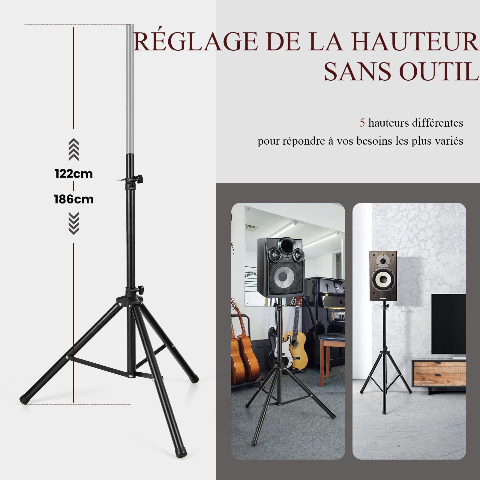 SOARS Pied Enceinte Universel sur Pied Stable, Support Enceinte Réglable en Hauteur de 122 à 186 CM, Charge Maximale 50 KG, pour Salle de Musique, Salle de Conférence, Home Cinéma, Noir