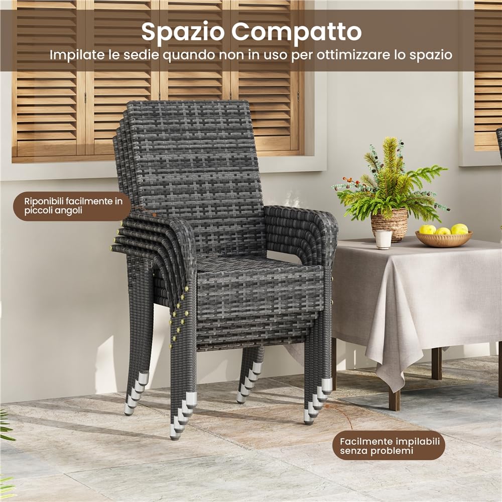 Yaheetech Set di 2 Sedie Impilabili in Rattan Sedia da Giardino con Braccioli Piedini Regolabili e Schienale per Esterno Balcone Patio Terrazza Grigio
