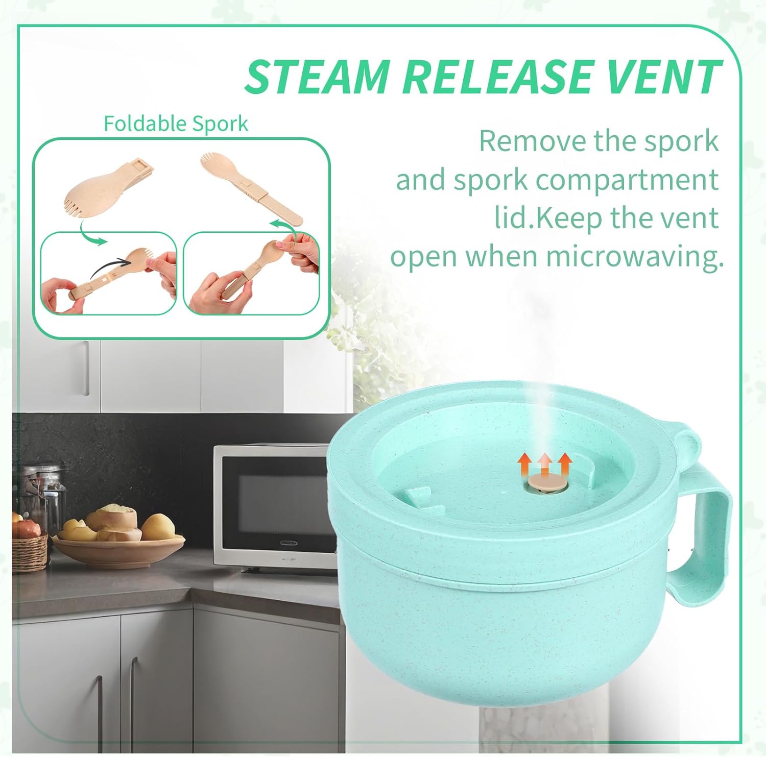 4 Pcs Microwave Ramen Bowl Microwavable Instant Soup Cups with Lids Large Soup Bowls with Handles Dishwasher Safe Mug for Cereal Food Container (Green)
