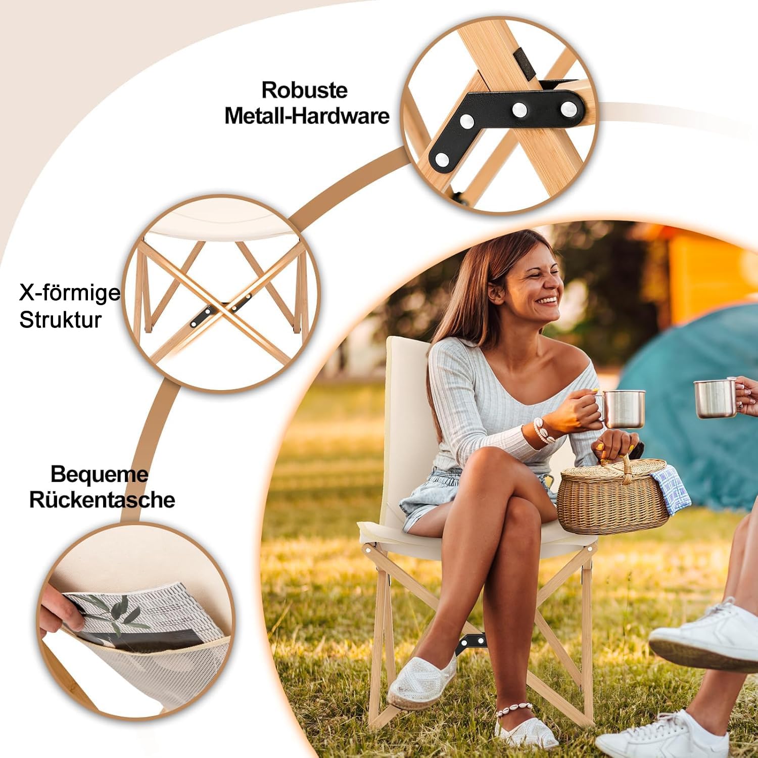 GOPLUS Campingstuhl faltbar 2er Set, Liegestuhl klappbar aus Bambus, Gartenstuhl bis 150kg belastbar, Klappstuhl leicht tragbar mit Tragetasche, Strandstuhl für Camping, Picknick & Angeln (Weiß)