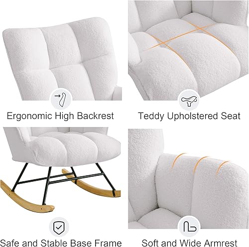 Miniatura 6 de Mecedora tapizada para cuarto de bebé, mecedora tapizada, mecedora con asiento acolchado con respaldo alto, cómoda silla auxiliar para sala de