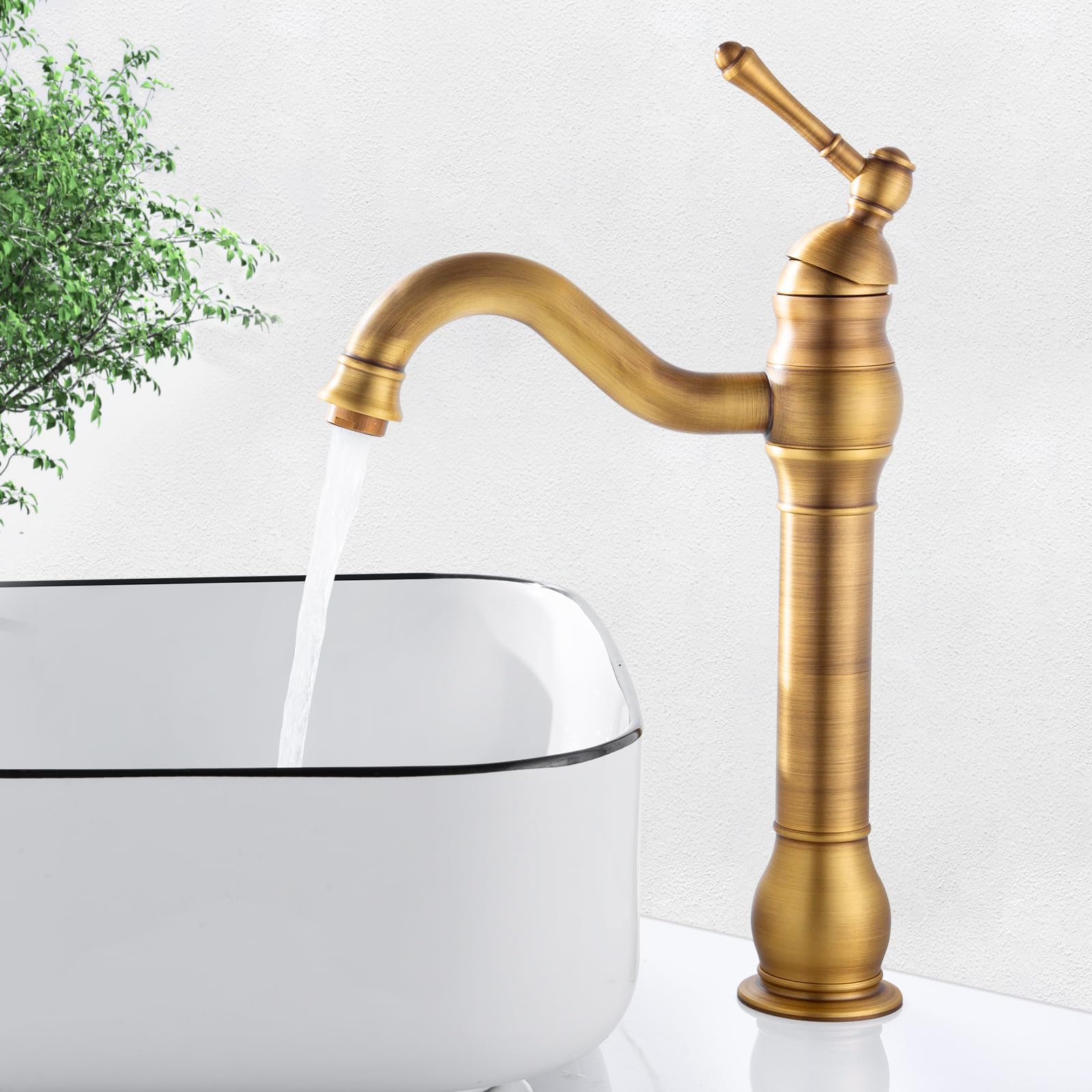Robinet Salle de Bain Rétro Laiton Haut, Antique Mitigeur Lavabo Vasque avec bec Hauteur 230 mm, Pivotant à 360°Mitigeur Vasque Salle de Bain, Robinet Lave Main Chaude et Froide, G3/8