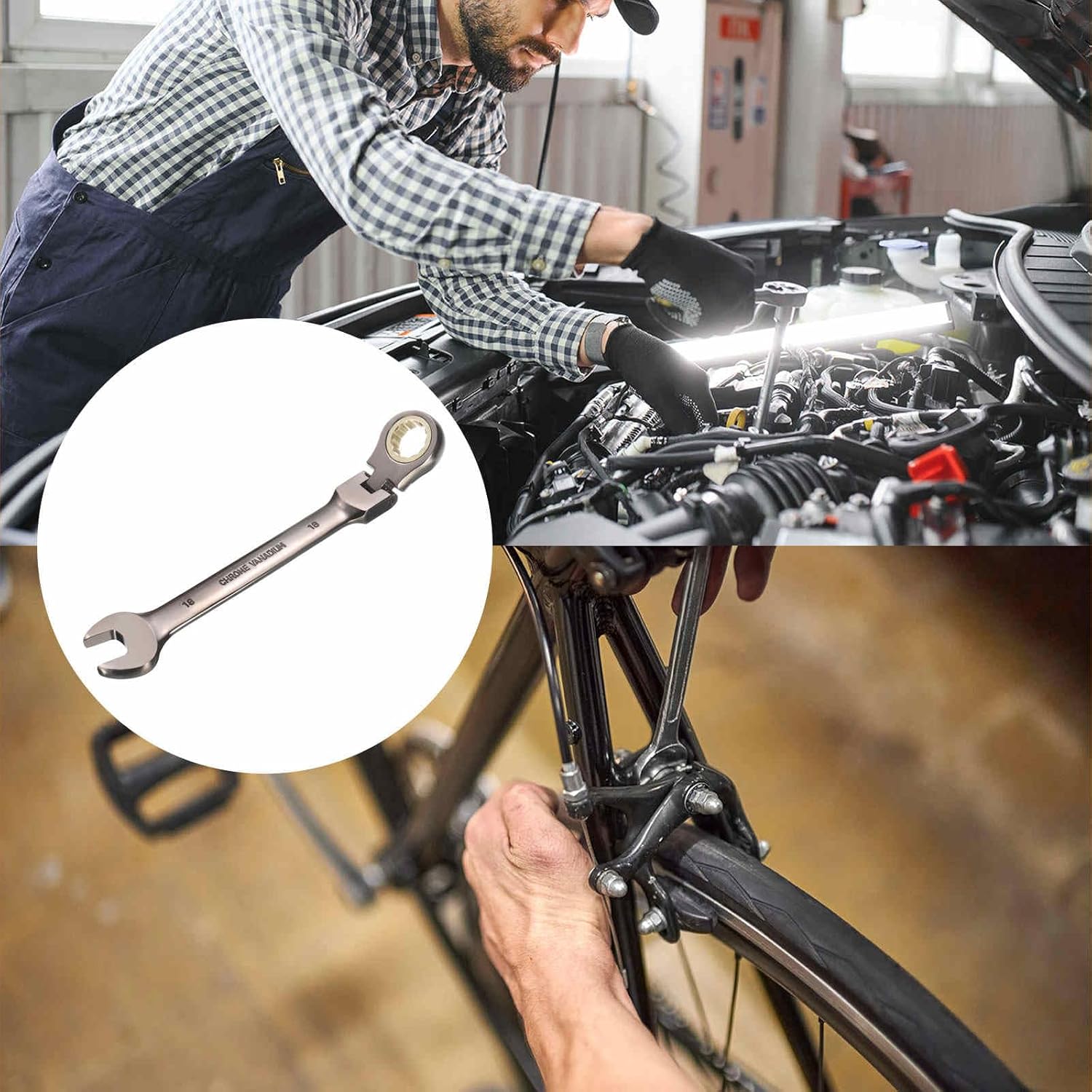 HARFINGTON Flex-Head Ratcheting Combination Wrench 18mm Metric 72-Teeth CR-V Steel Nickel Plated Open End Ratchet Spanner Gear for Fasteners Nut Bolt