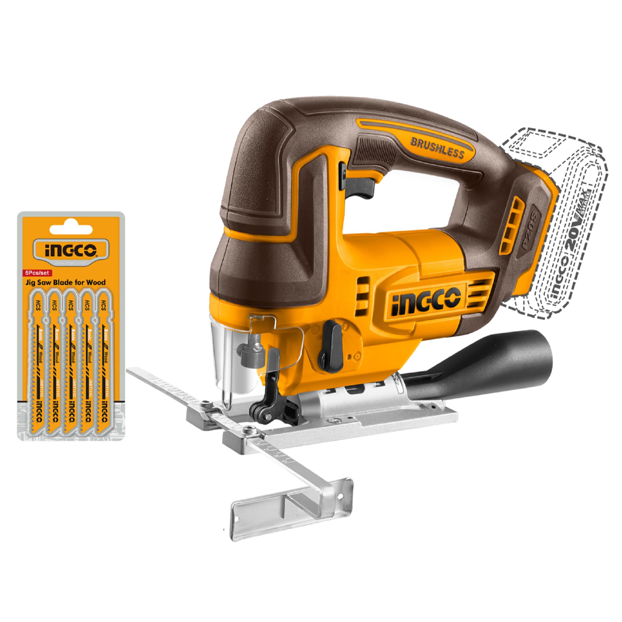 INGCO 20V Cordless Jig Saw (Body Only), Brushless Motor, 3000RPM with 5Pcs Saw Blades CJSLI1008, Yellow and Black