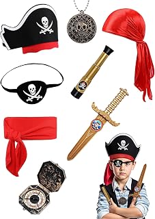 Pirate Costume Set for Kids - 8-Piece Play Kit with Eye Patch, Hat, Sword, Treasure - Perfect for Christmas Gifts and Cosplay Parties