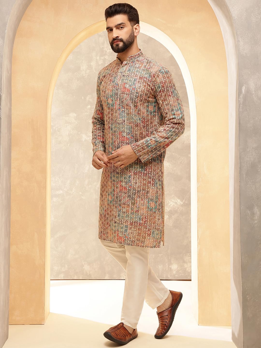 Sojanya (Since 1958 Men's Cotton Silk Gold Thread Floral Embroidered Kurta With White Pyjama