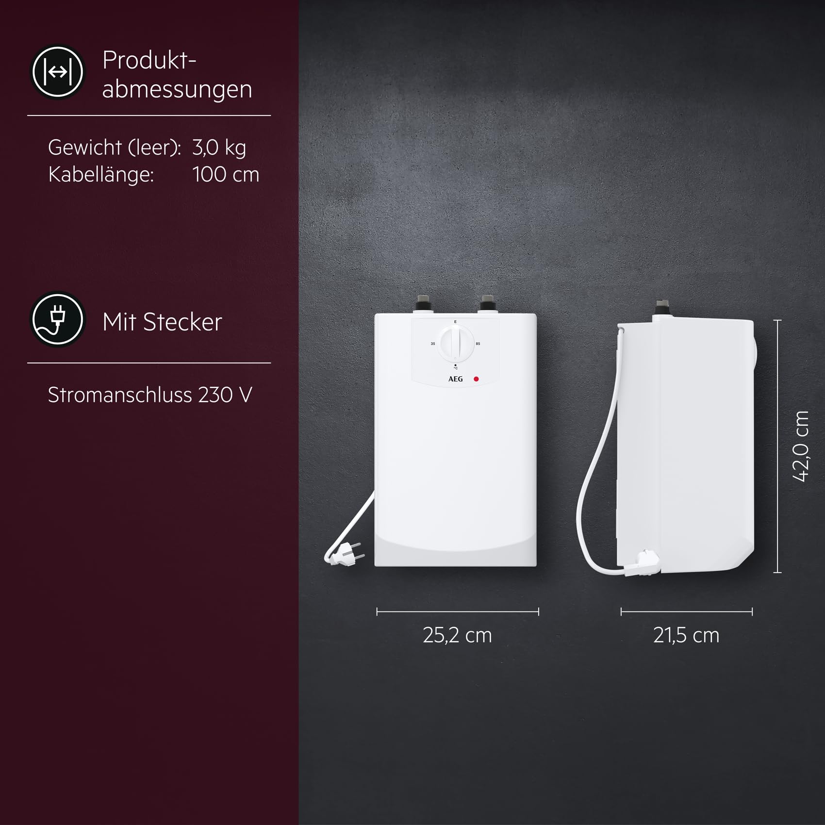 AEG Boiler BOI 5 U, Untertischboiler 5 Liter Niederdruck mit Stecker 230V für Küchenspüle oder Waschbecken, energie- und platzsparend, 2 kW, Made in Germany, VDE geprüft