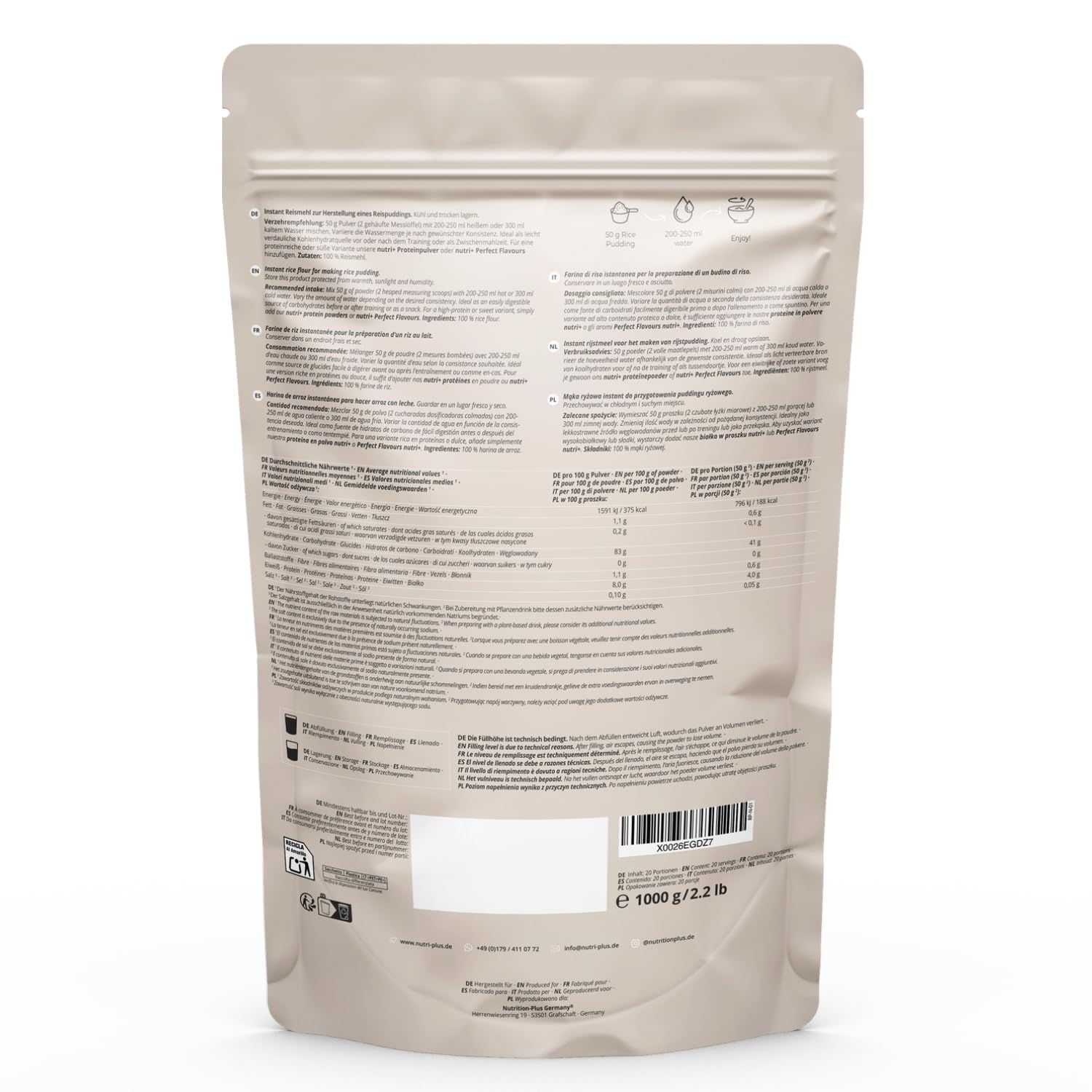 Nutri + Budín de Arroz en Polvo 1 kg sin Azúcar + Edulcorantes - Sabor Neutro - Rice Pudding instantáneo 1000 g natural - bajo en Grasa + cremoso - Merienda perfecta