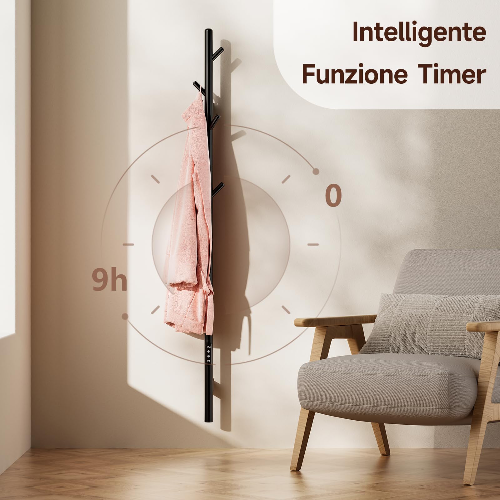 Scaldasalviette Elettrico,153cm,Nero WiFi Smart Portasciugamani Elettrico,con Temperatura Regolabile,Display LED,Timer e 7 Ganci,Compatibile con Google Home e App Controllo