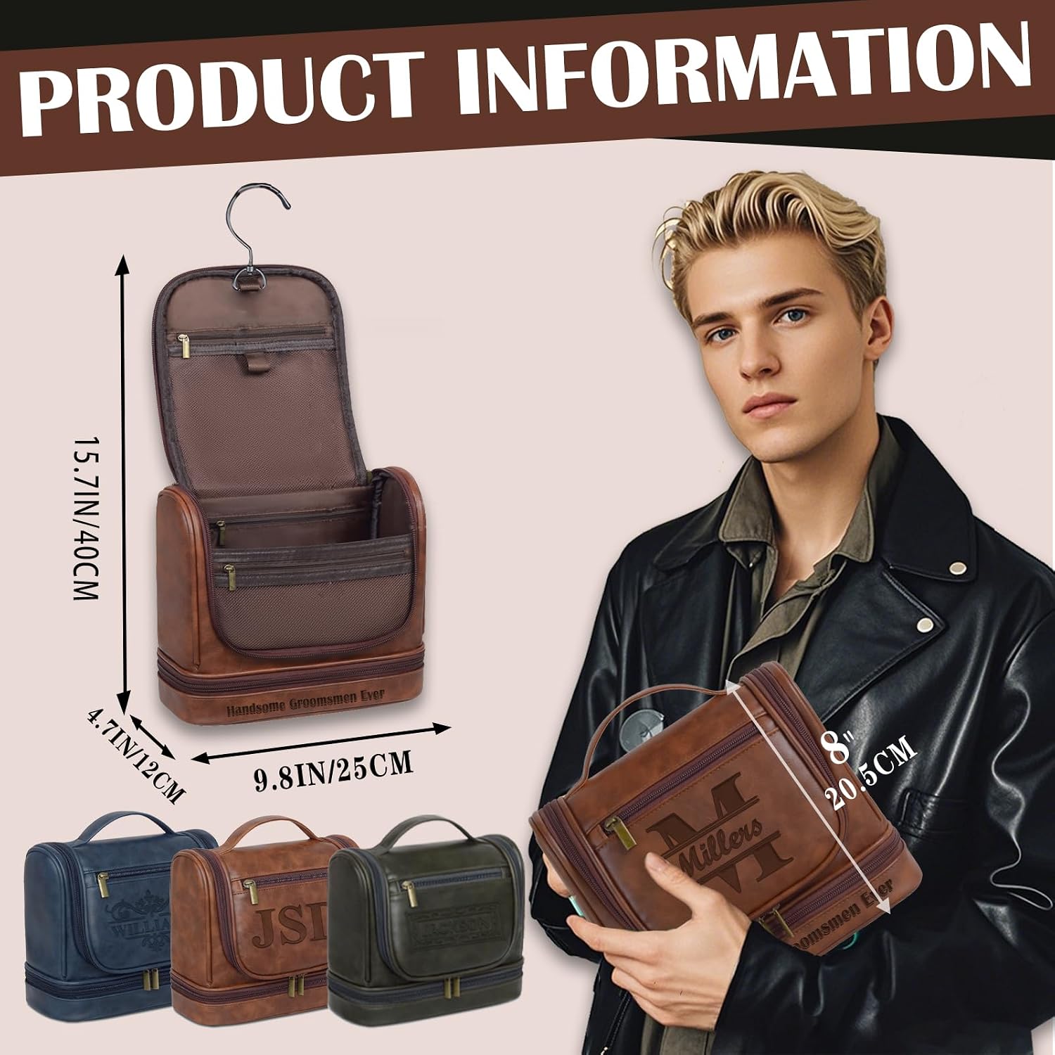 Personalized Hanging Travel Toiletry Bag, PU Leather Waterproof Shaving Bag for Men and Women, for Accessories, Shampoo, Full-size Container, Toiletries, for Groomsmen, Husband