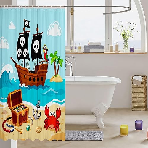Miniatura 71 de Cortinas de ducha impermeables con diseño de barco pirata de caricaturas, tela de aventura marina, cortina de ducha de baño con peces submarinos,