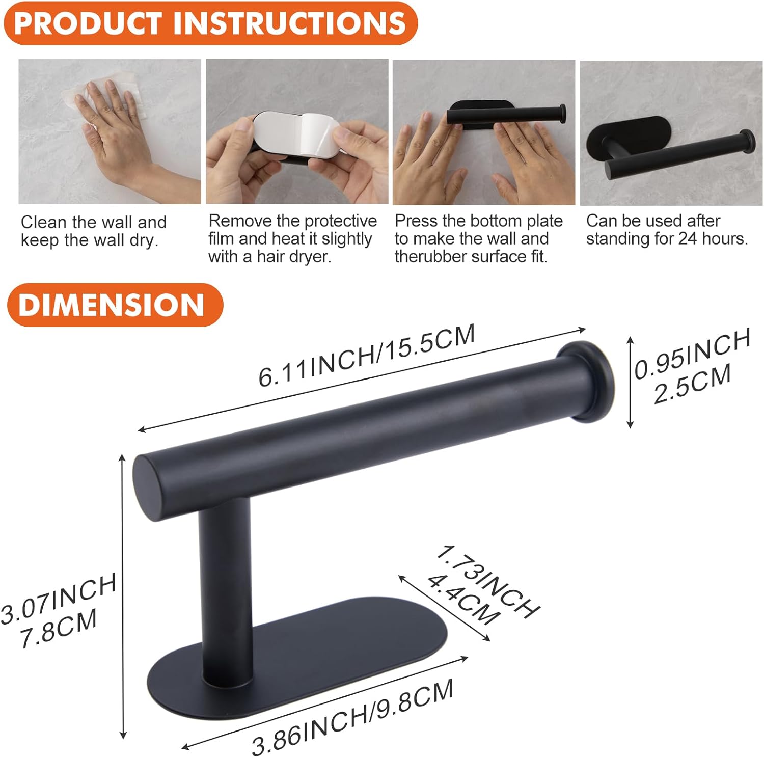 2 Pcs Adhesive Toilet Roll Holder Stand - Matte Black Stainless Steel, Rustproof Toilet Paper Holder No Drilling Tissue Holder for Kitchen Bathroom Wall Mount Bathroom Tissue Holder