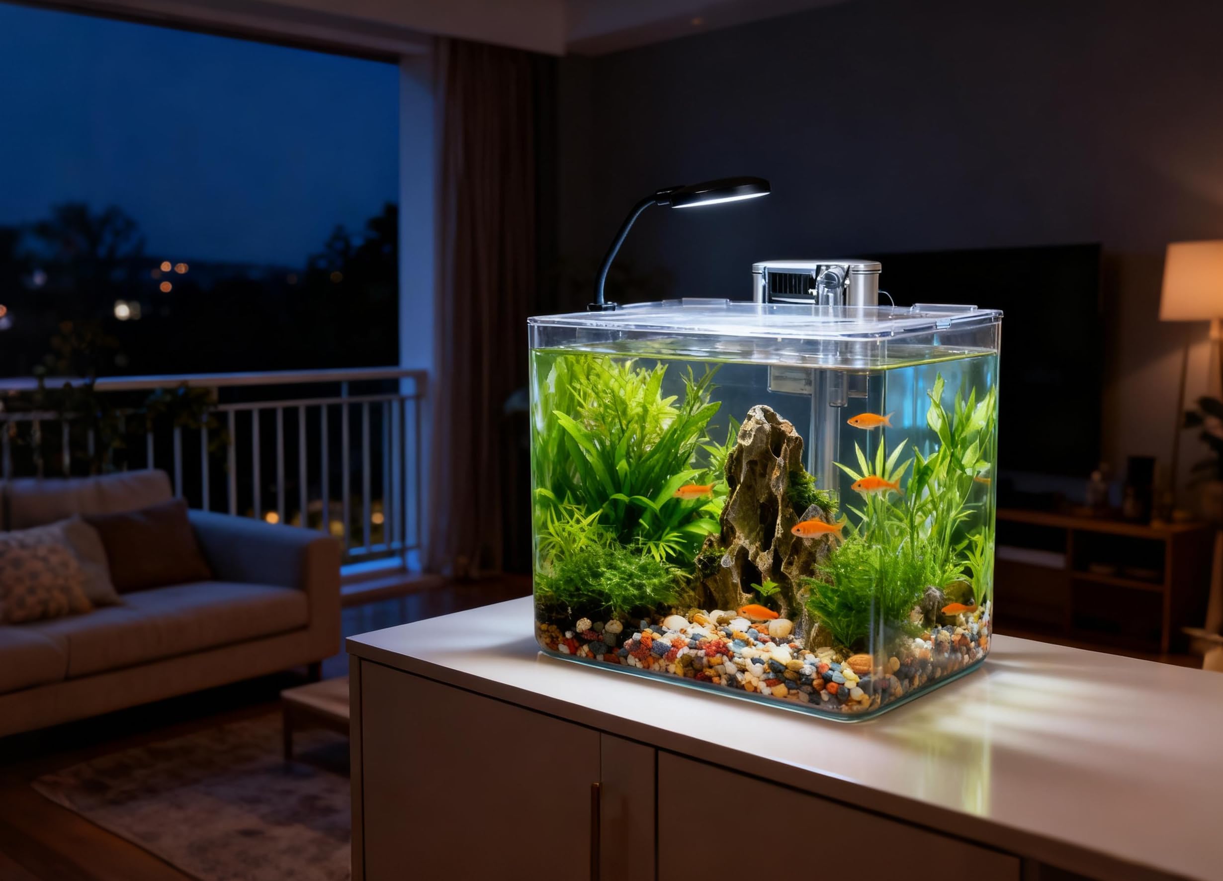 Set de acuario de 5 l para principiantes, 18 x 18 x 18 cm, mini acuario de plástico con lámpara LED y filtro USB, 5 l