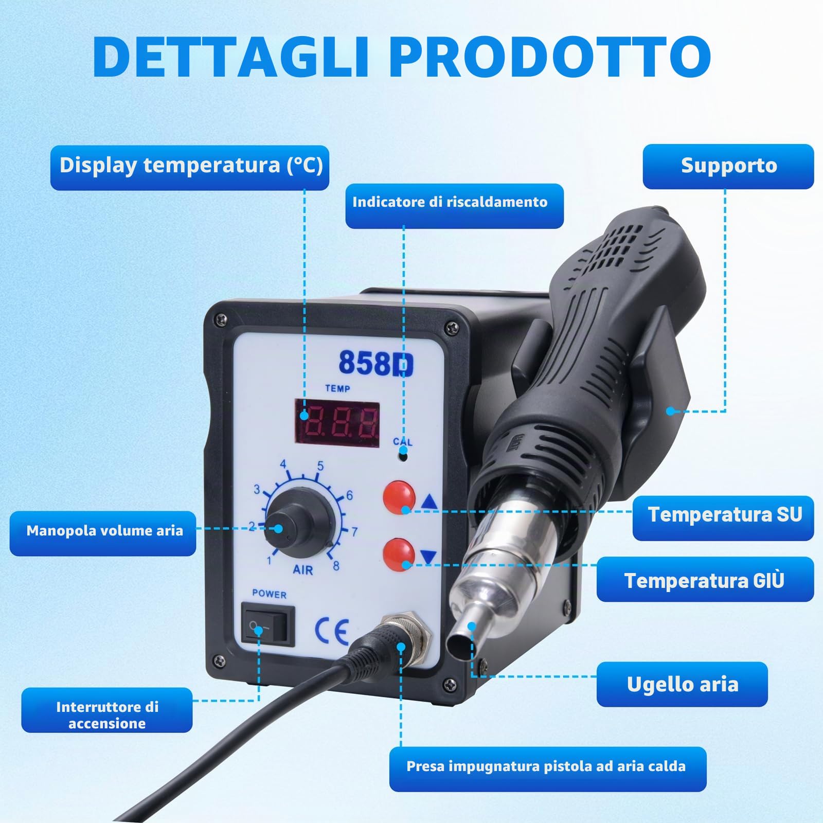 Stazione Saldante Aria Calda 858D, Stazione Dissaldante 700 W con 3 Ugelli, Display Digitale 100-450 °C, per Saldatura e Dissaldatura SMD (Spina UE)