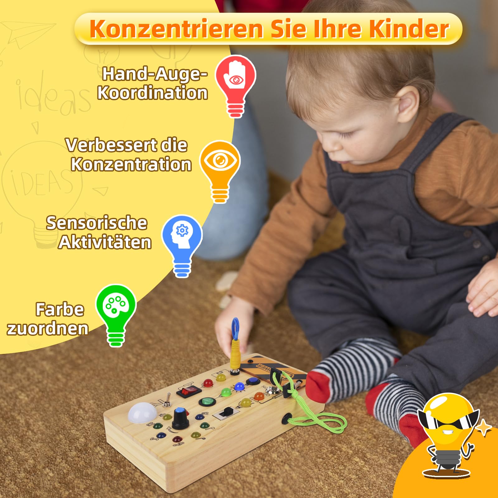 Montessori Spielzeug ab 1 Jahr Busy Board, Baby Motorikspielzeug Activity Board Holzspielzeug ab 1 2 3 Jahre mit Schalter LED-Leuchten, kinderspielzeug Sensorik, Geschenk Junge und Mädch