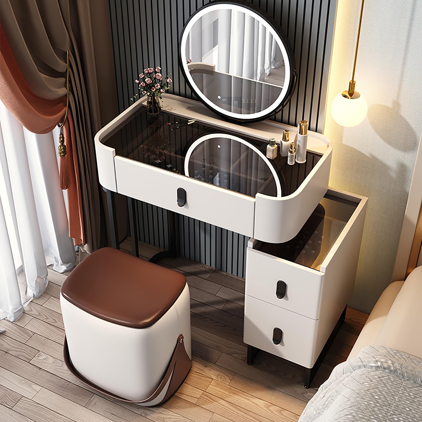 asdchZen White Vanity Desk With Adjustable Brightness Mirror Elegant Wooden Makeup Table For Girls & Women Ideal For Bedroom & Dressing Room Decor