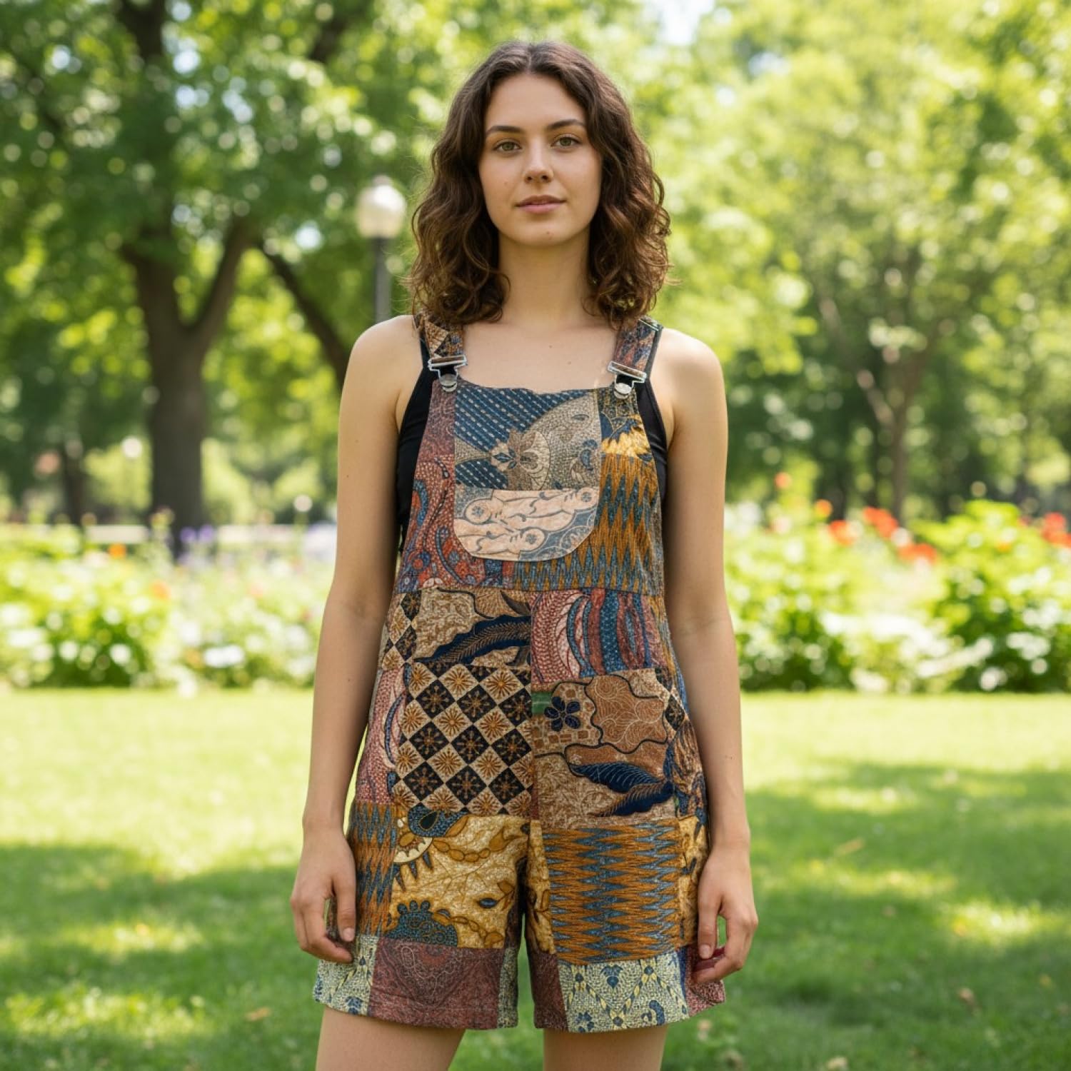 GURU SHOP Goa Shorts, Kurze Patchwork Latzhose, Upcycling Boho Latzhose, Damen