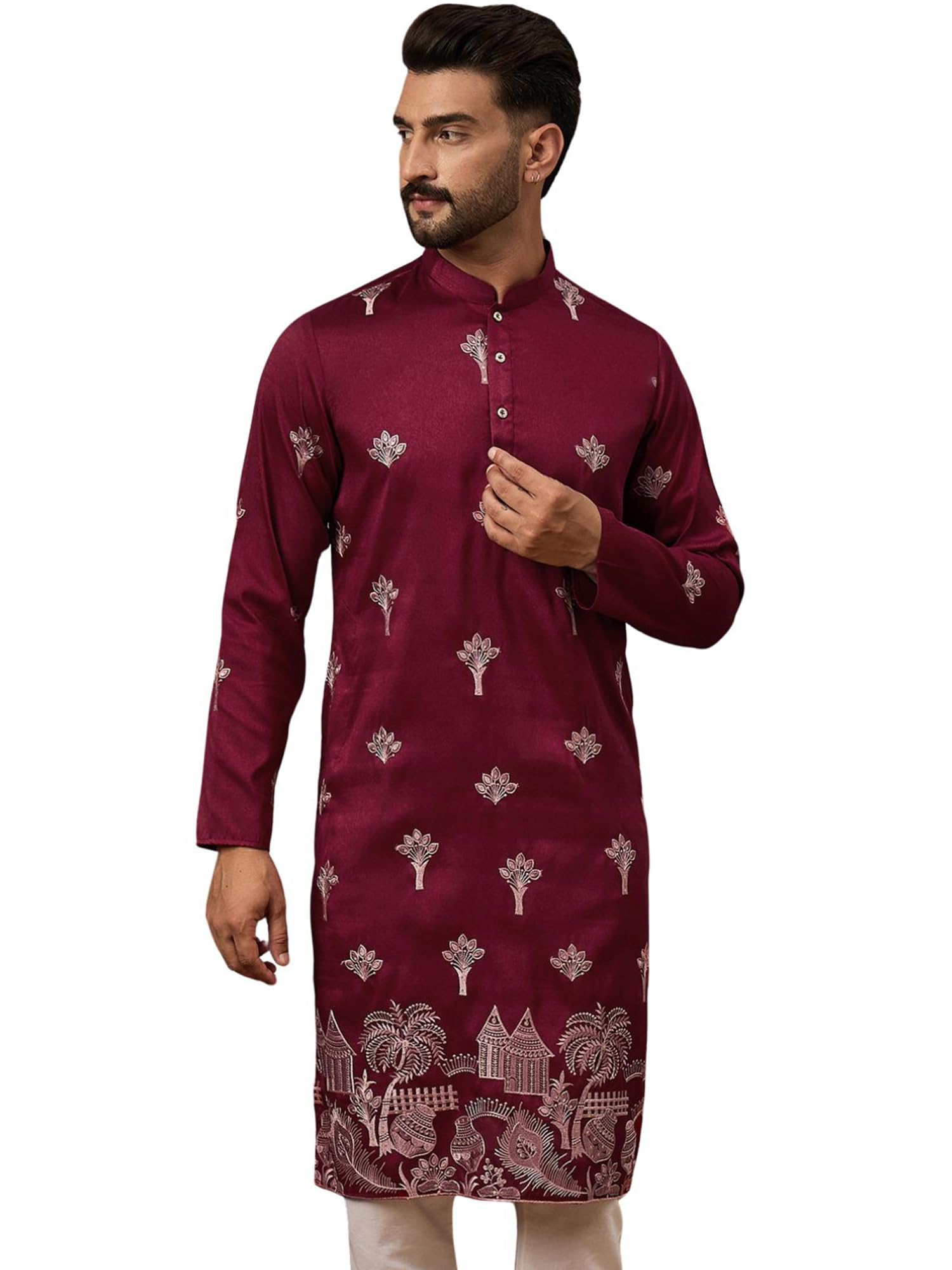 ethnic bay Men's Maroon Silk Blend Solid Embroidered Calf Length Kurta's | Embroidered Kurta for Men | Straight Fit Kurtas for Mens-picture-24