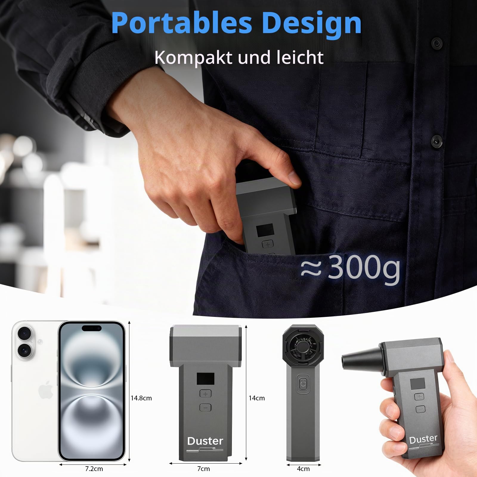 2-in-1 Elektrische Staubgebläse & Mini Staubsauger - 180000 U/min Druckluftspray mit Turboleistung 100-Stufen Compressed Air Duster mit LED Display 8000mAh Akku Gebläse für PC Tastatur Auto (02)