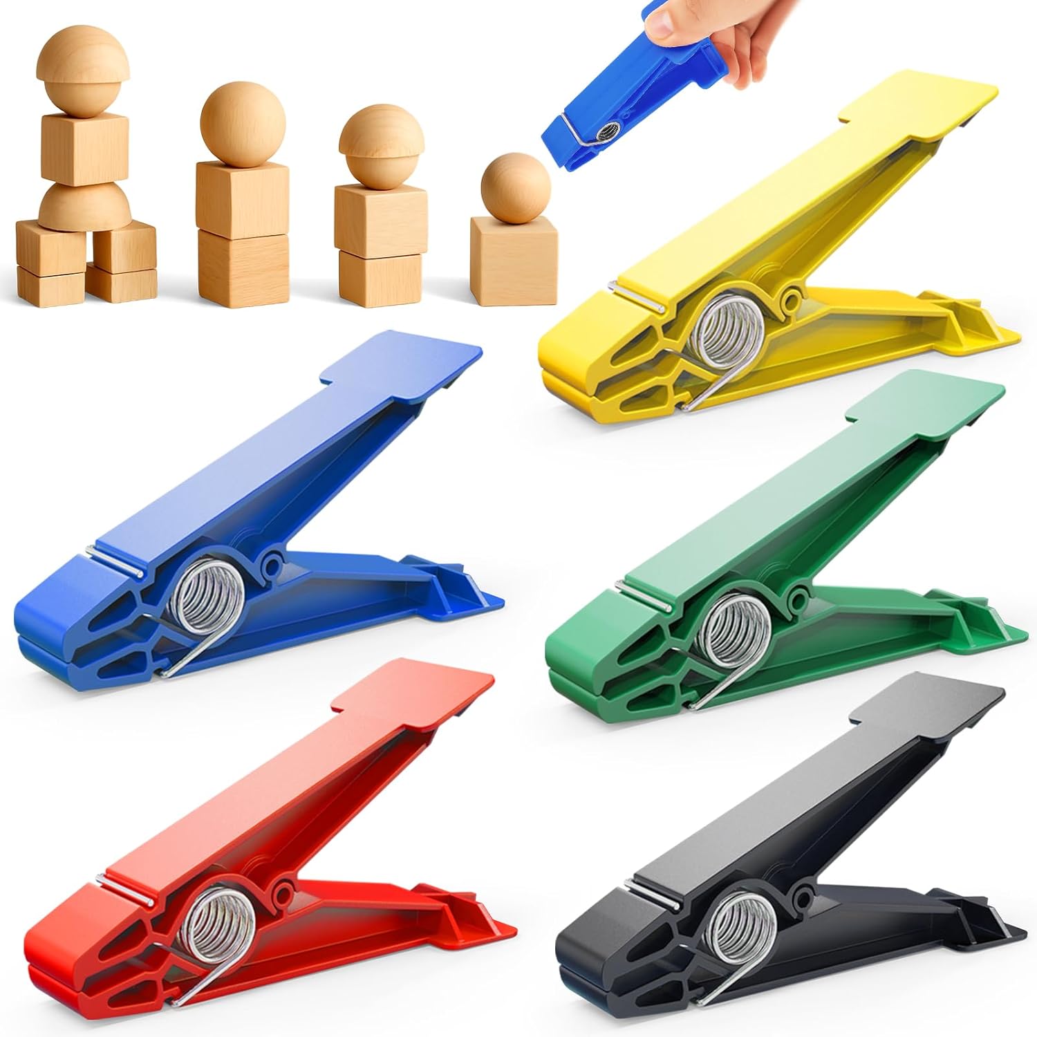 FitBeast Finger Exerciser Set with five color-coded clips and wooden blocks