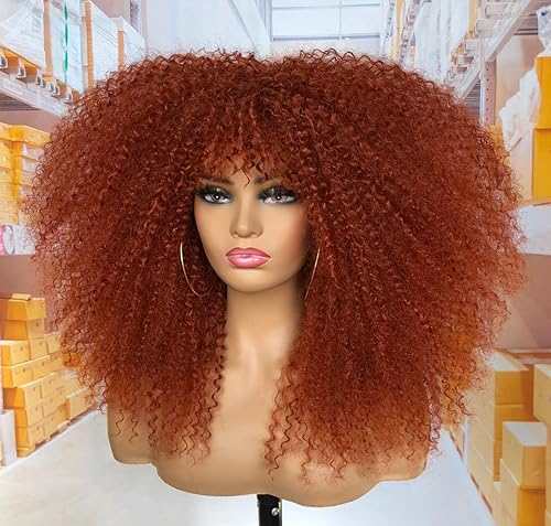 Miniatura 10 de MURAMURA HAIR Peluca rizada de 18 pulgadas de largo con flequillo para mujeres negras, peluca rizada tipo afro bomb, pelo sintético esponjoso y