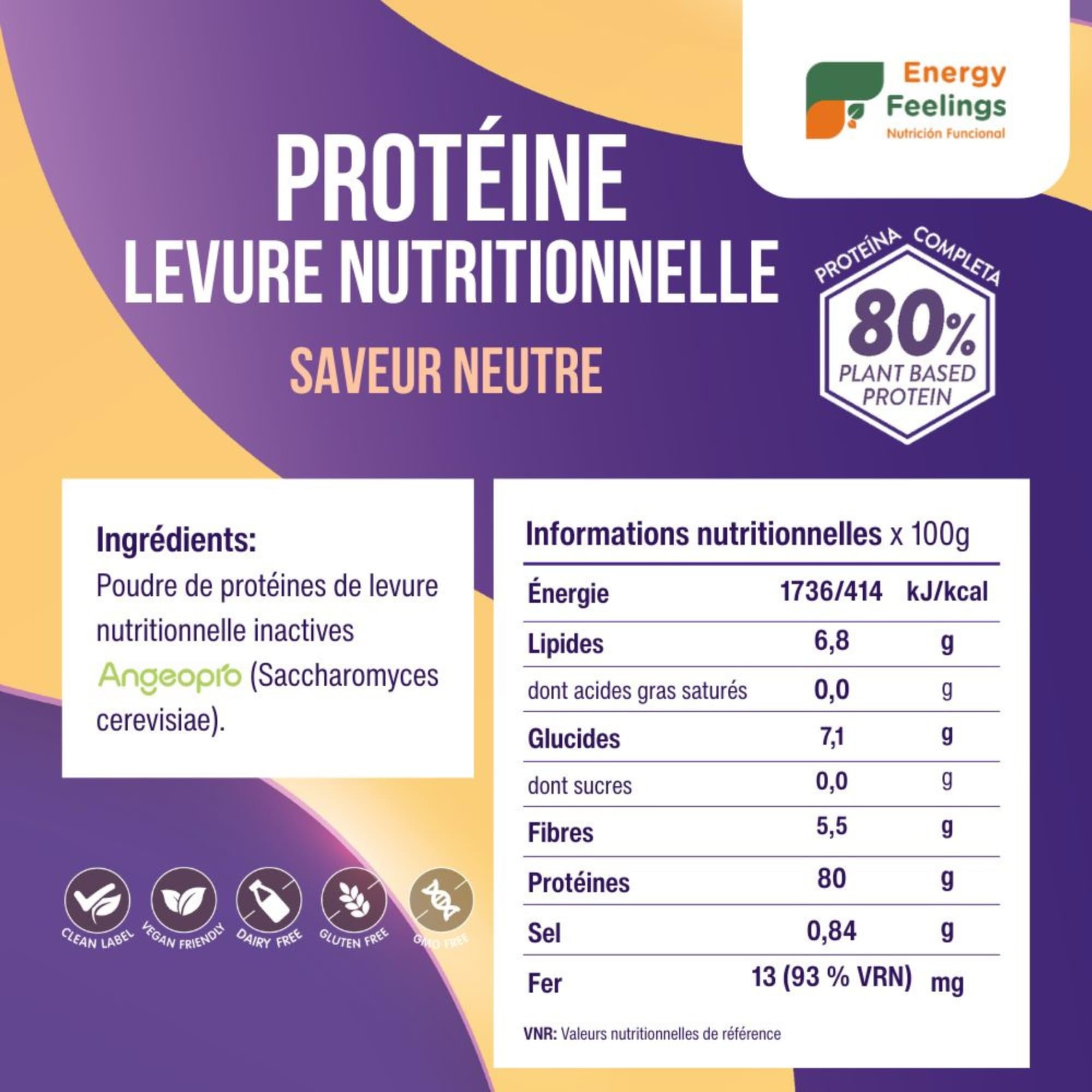 Energy Feelings Protéine Végétale de Levure Nutritionnelle 80%, Vegan Protein Powder, Protéine en Poudre Goût Neutre Sans Sucre Ajouté et Sans Lactose pour Musculation, Naturelle, 1kg