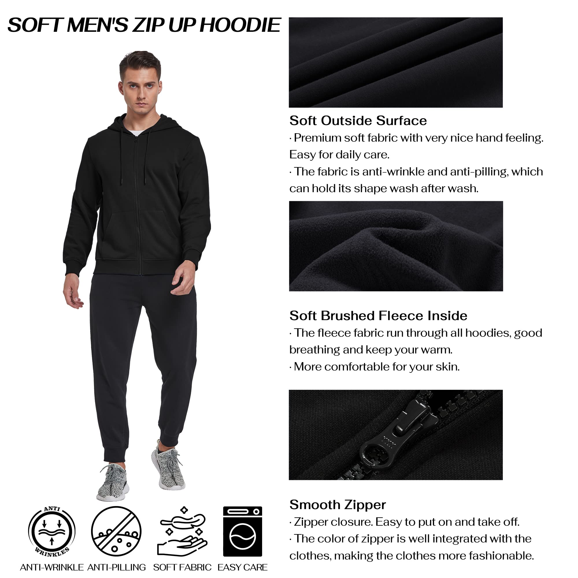 BETTERCHIC Męska bluza z kapturem sportowa miękka szczotkowana bluza polarowa z kapturem sznurek na zamek błyskawiczny bluza z kapturem rozmiar S-3XL, Czarny, M