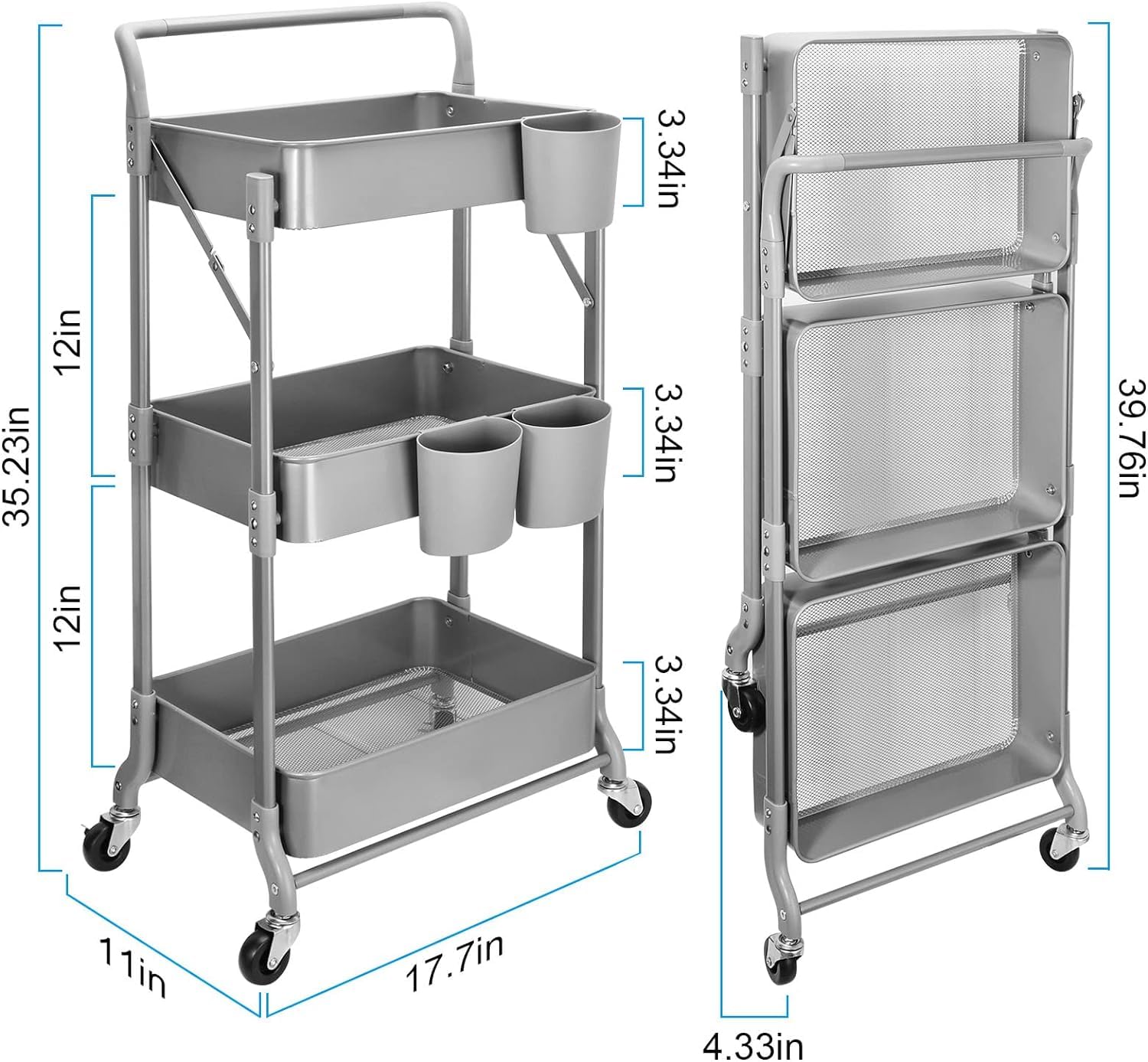 Shrivee Carrello da cucina a 3 livelli, carrello da servizio, pieghevole, in metallo, scaffale, organizer da cucina, carrello pieghevole multiuso per cucina, bagno, ufficio (grigio)