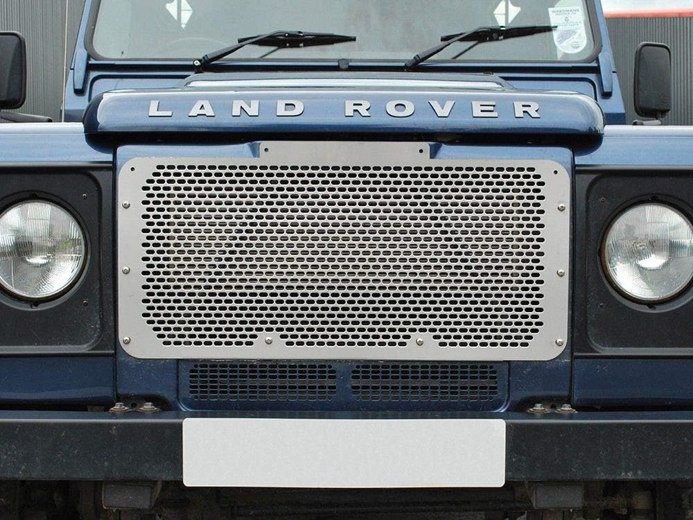 BRITPART STAINLESS STEEL FRONT GRILLE IN NATURAL FINISH COMPATIBLE WITH LAND ROVER DEFENDER PART # DA2356