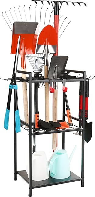 MHHO-WG Gartengeräte Ständer,Pulverbeschichteter Stahl Gartenwerkzeug Organizer,Matt-Schwarz Gartengeräte aufbewahrung sregal mit 35 Schlitzen&11 Haken,Besenhalter für Garten,Garage,Schuppen & Outdoor — Geräte-Pflege