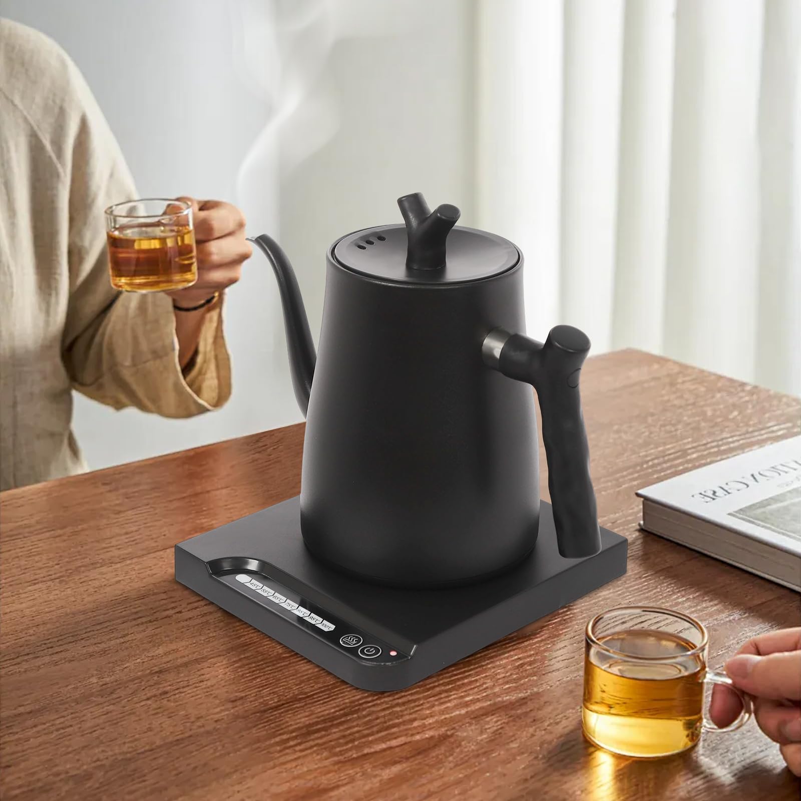Hervidor eléctrico de 1 L, 1000 W, 7 niveles de temperatura del agua ajustables, cuello de cisne, para café y té, color negro