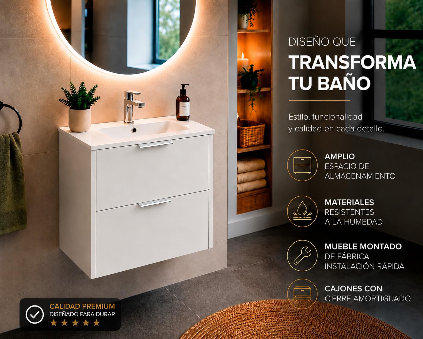 Baikal Mueble de Baño INNA. 50cm Blanco. Incluye Lavabo. Mueble MONTADO. Suspendido 2 Cajones con Cierre Amortiguado.