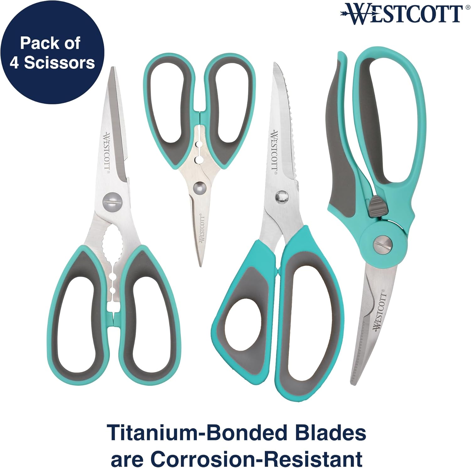 Westcott Titanium-Bonded Kitchen Shears 4pk, Durable and Versatile Scissors with Soft Handle for Precise Cutting, Ideal for Cooking