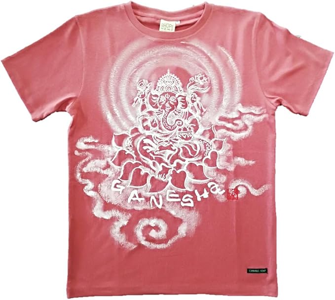 Amazon Tシャツ 麻生地 ガネーシャ イラスト前面 赤 ヘンプ 半袖 和柄 仏画 日本画 Tシャツ カットソー 通販